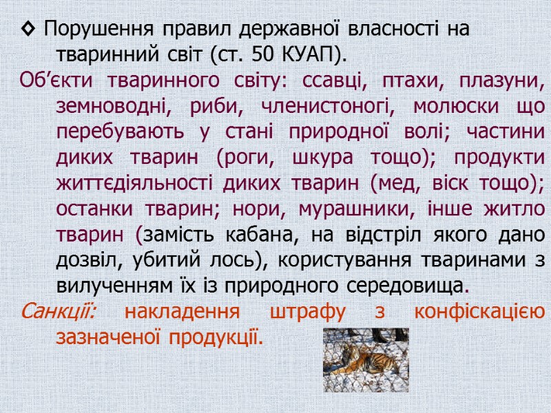 ◊ Порушення правил державної власності на тваринний світ (ст. 50 КУАП). Об’єкти тваринного світу: